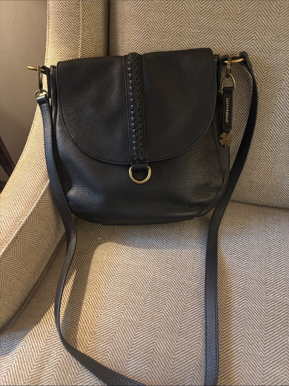 Lucky Brand Black Pebbled Leather Braided-Trim Crossbody